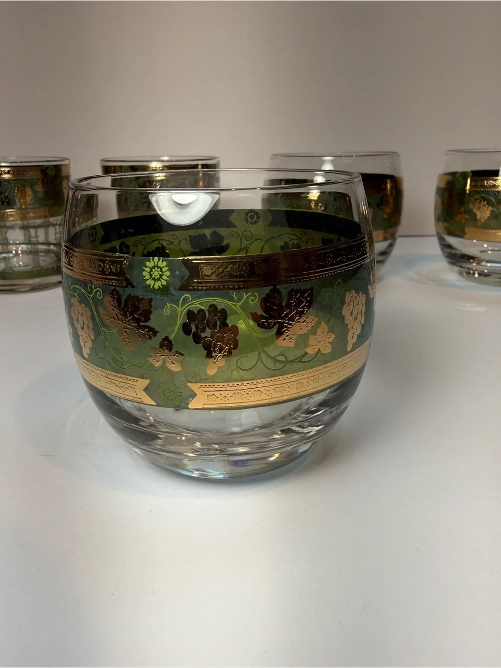 Vintage Green Cera Glass Golden Grapes  Barware Set of 5- MCM